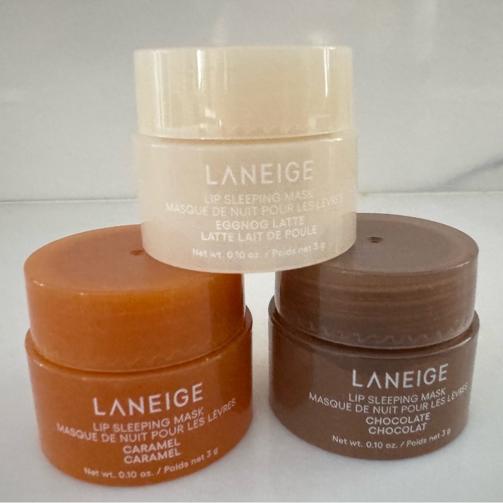 Laneige 3 Mini Lip Sleeping Masks in Caramel, Chocolate & Eggnog Latte